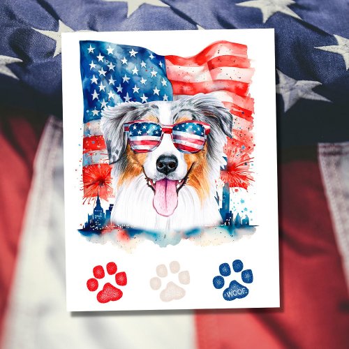 Red White Blue Australian Shepherd Dog 4th of July Holiday Postcard