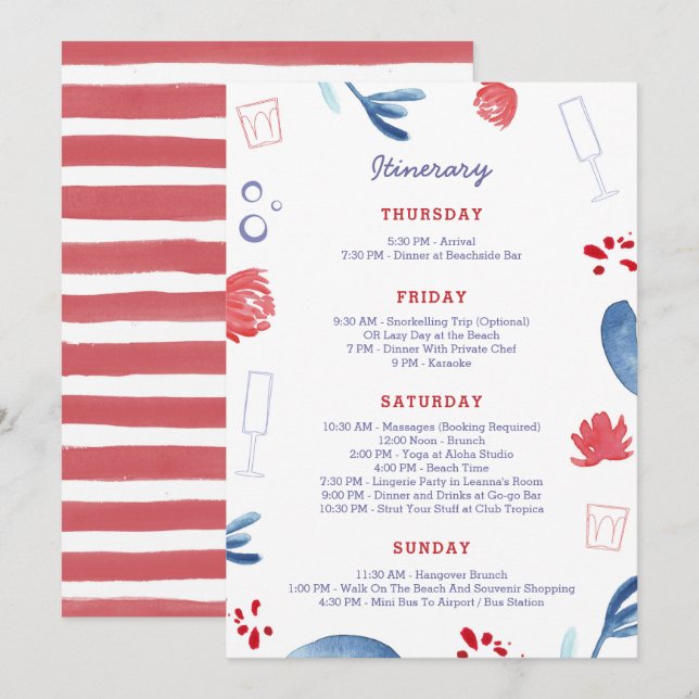 Red White Blue Bachelorette Party Weeknd Itinerary Invitation (Front/Back)