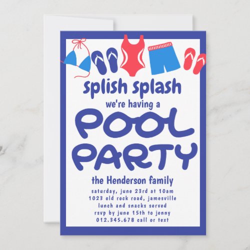 Red White Blue Backyard Pool Party Invitation