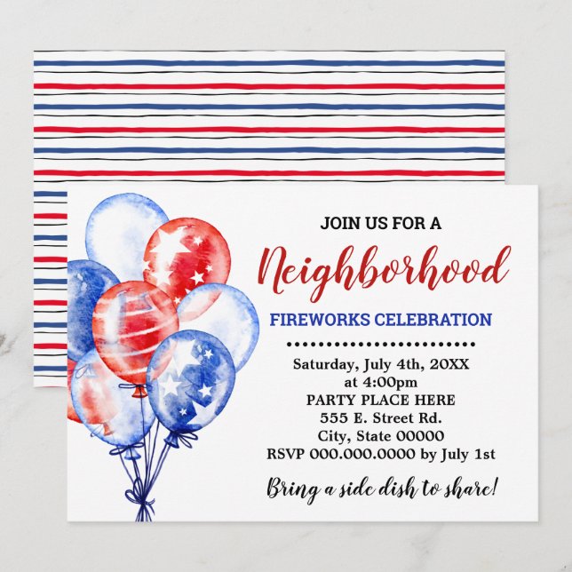 Red White & Blue Balloons Neighborhood Party Invitation (Front/Back)