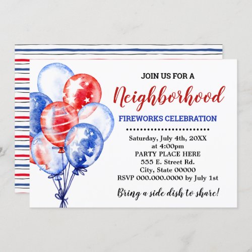 Red White  Blue Balloons Neighborhood Party Invitation