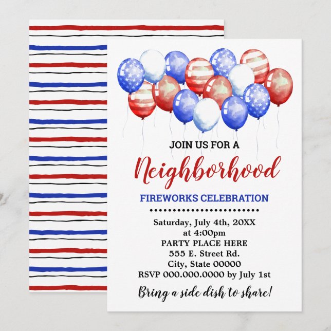 Red White & Blue Balloons Neighborhood Party Invitation (Front/Back)