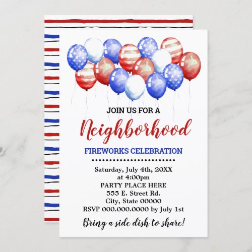 Red White  Blue Balloons Neighborhood Party Invitation