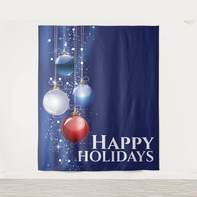 Red white blue balls ribbon Christmas greetings Tapestry (Front)