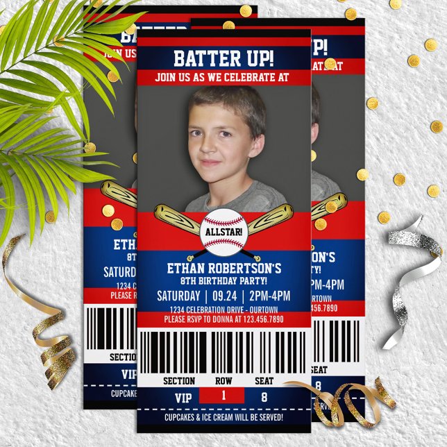 Red White & Blue Baseball Game Ticket Birthday Invitation (Creator Uploaded)
