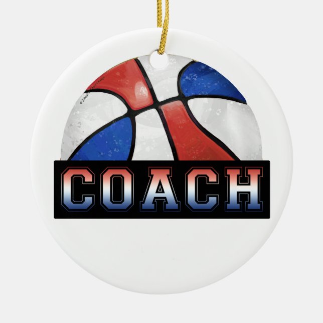 Red White Blue Basketball Coach Ceramic Ornament (Front)