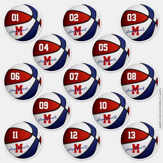 red white blue basketball team colors set of 13 players' names stickers