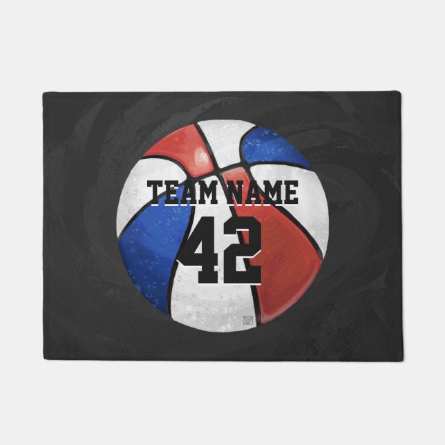 Red White Blue Basketball Name and Number Doormat (Front)