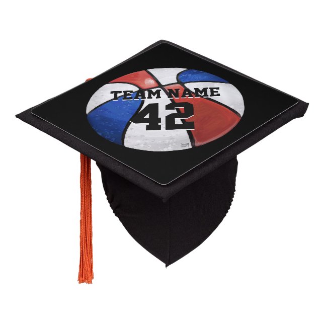 Red White Blue Basketball Name and Number Graduation Cap Topper (Angled)