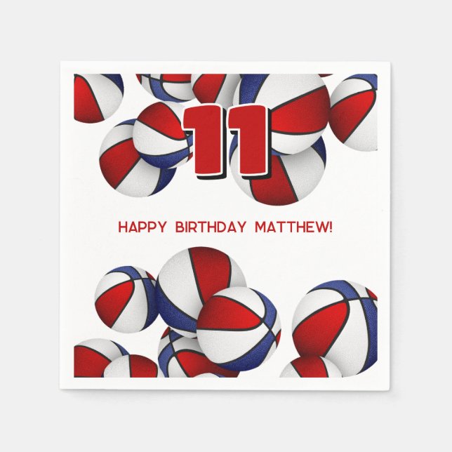 red white blue basketballs kids sports party napkins (Front)
