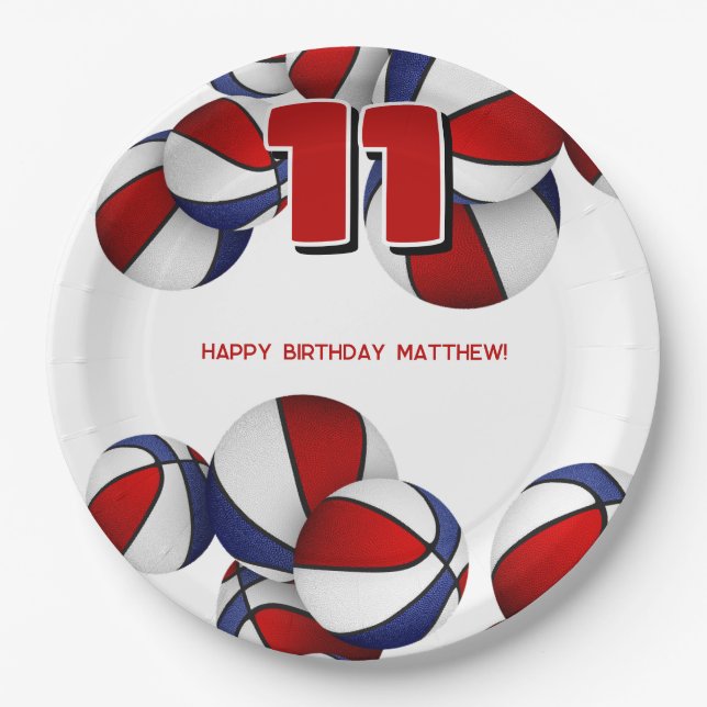 red white blue basketballs kids sports party paper plates (Front)