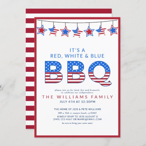 Red White & Blue BBQ 4th of July Independence Day Invitation - This simple, patriotic 4th of July Independence Day Party invitation features a stars and stripes letters for BBQ, and a stars and stripes bunting across the top. Trimmed in red, and with red and white stripes on the back of the invitation, the text is personalized in blue and red typography. Copyright Elegant Invites, all rights reserved.