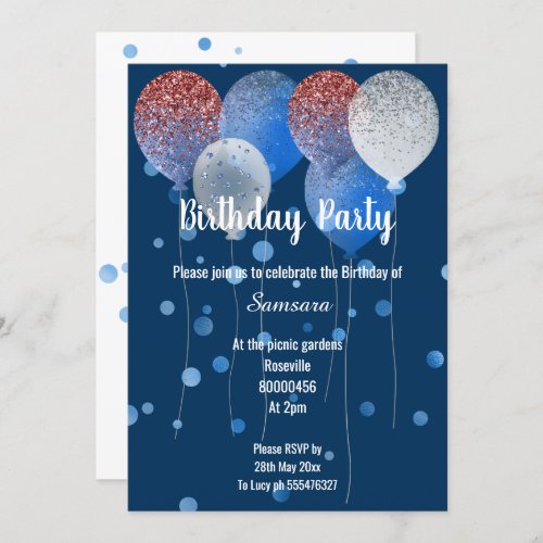 RED WHITE  BLUE BIRTHDAY BALLOON NAVY  SPOT INVITATION