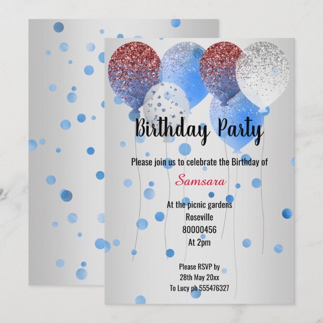 RED WHITE & BLUE BIRTHDAY BALLOON SILVER SPOT INVITATION (Front/Back)