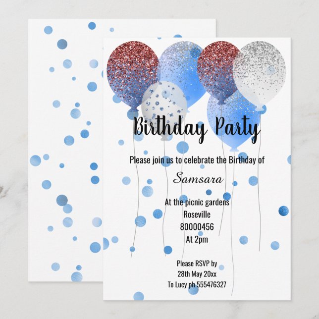 RED WHITE & BLUE BIRTHDAY BALLOON SPOTTED INVITATION (Front/Back)