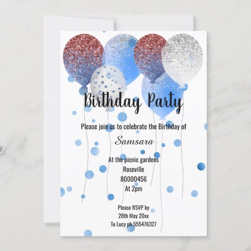 RED WHITE  BLUE BIRTHDAY BALLOON SPOTTED INVITATION