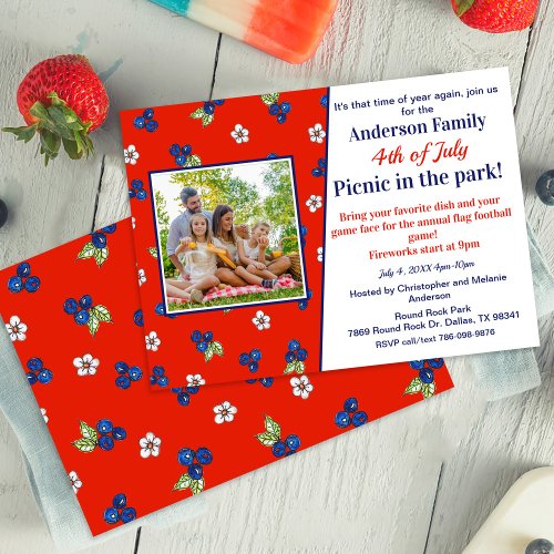 Red White Blue Blueberry Fourth of July Picnic Fun Invitation