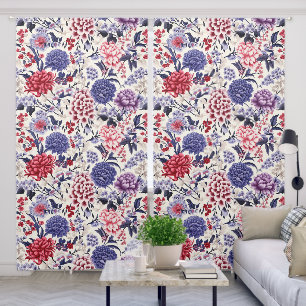Red White Blue Botanical Flower Pattern Blackout Curtains