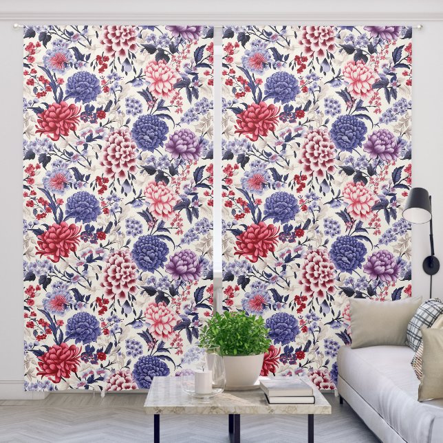 Red White Blue Botanical Flower Pattern Blackout Curtains (Living Room)