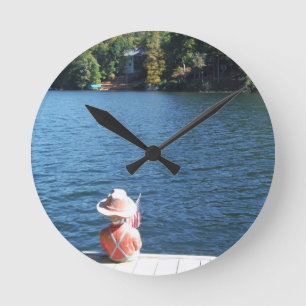 Red, White ,Blue: Boy Sitting on Dock with Flag Round Clock