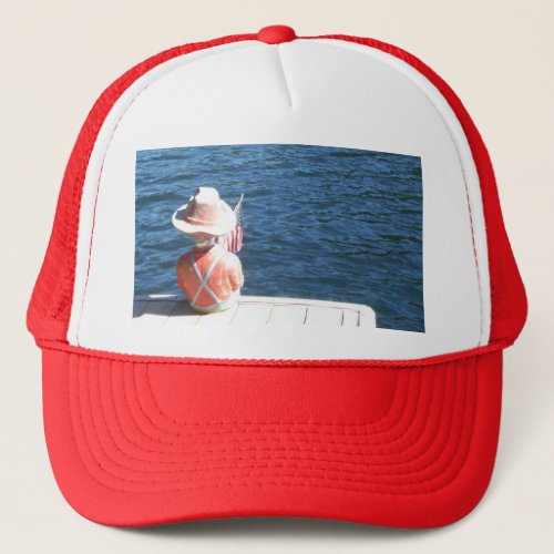 Red White Blue Boy Sitting on Dock with Flag Trucker Hat