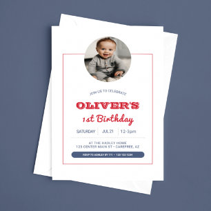Red White Blue Boys Photo 1st Birthday Invitation