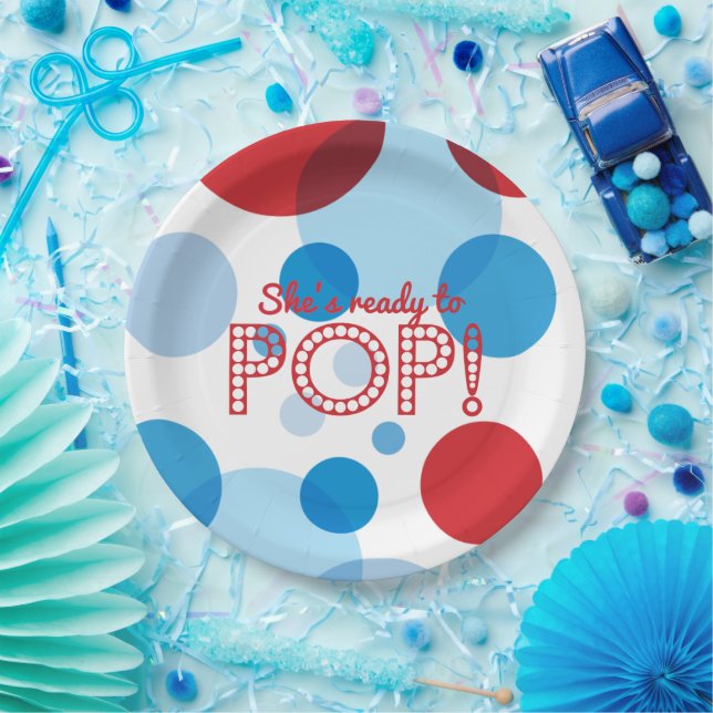 Red White Blue Bubbles Ready to Pop Baby Shower Paper Plates (Party)