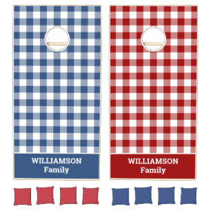 Red White Blue Buffalo Check Custom Name Cornhole Set