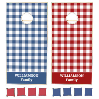 Red White Blue Buffalo Check Custom Name Cornhole Set