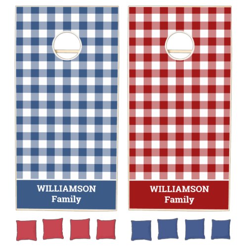 Red White Blue Buffalo Check Custom Name Cornhole Set