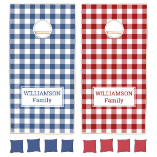 Red White Blue Buffalo Check Family Name Cornhole Set