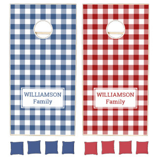 Red White Blue Buffalo Check Family Name Cornhole Set