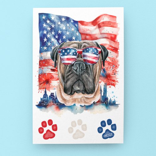 Red White Blue Bullmastiff Dog Woof 4th of July Holiday Postcard