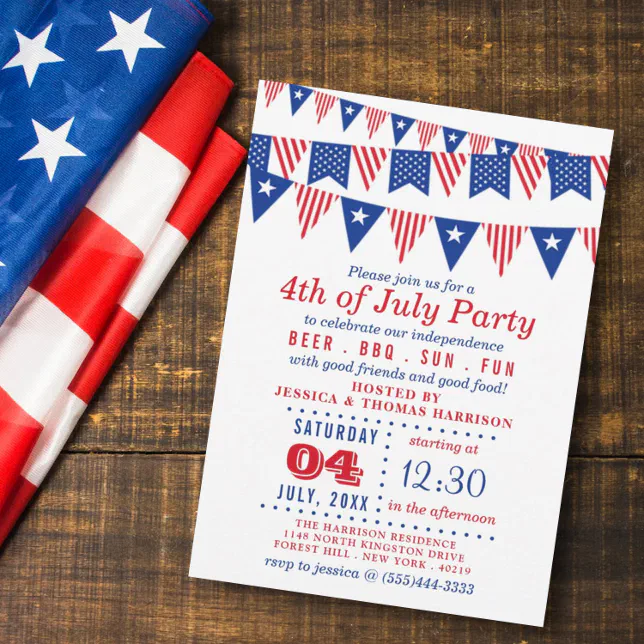 Red, White & Blue Bunting Flags 4th Of July Party Invitation | Zazzle