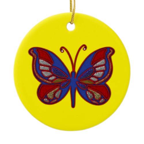 Red White Blue Butterfly-Yellow Round Ornament