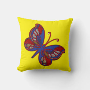 Red White Blue Butterfly-Yellow Sq Throw Pillow