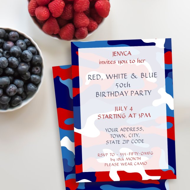 Red White Blue Camo Birthday Party Invitation
