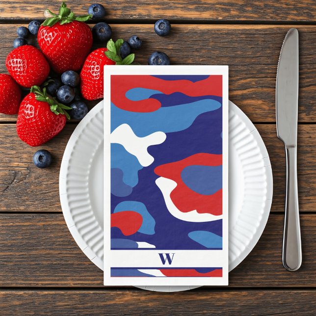 Red White Blue Camo Monogram 4th of July Patriotic Paper Guest Towels (Here's some camo paper guest towels just for you in the colors of red, white and blue.)