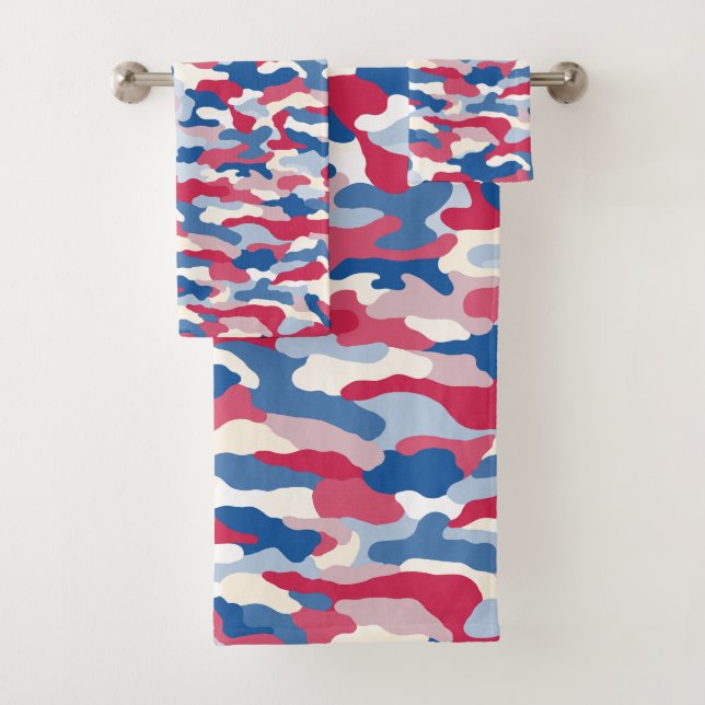 Red White & Blue Camouflage Bath Towel Set (Insitu)