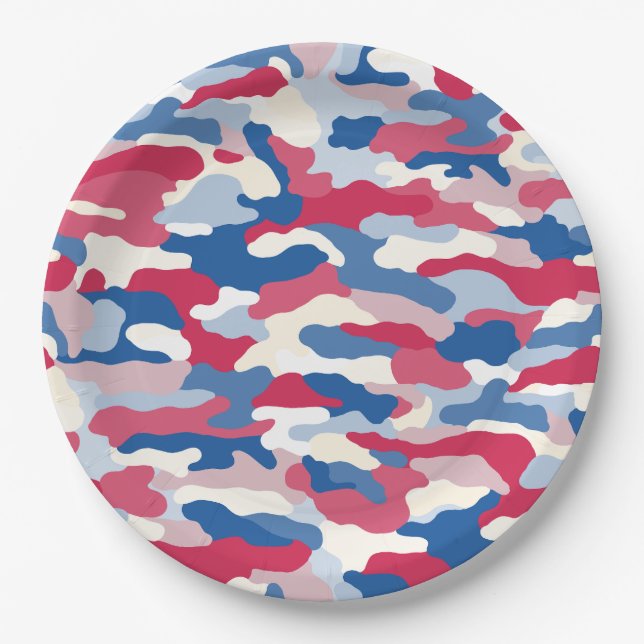 Red White & Blue Camouflage Paper Plates (Front)