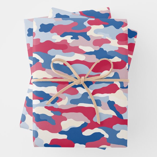 Red White & Blue Camouflage Wrapping Paper Sheets (In situ)