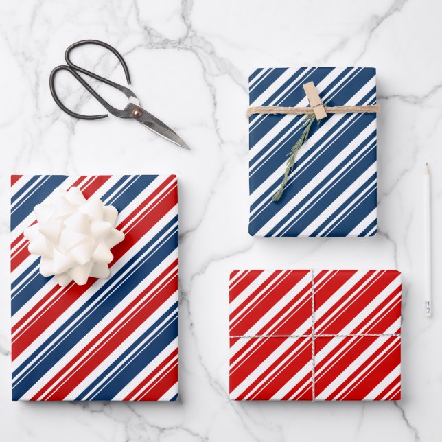 Red White & Blue Candy Cane Stripe Holiday Wrapping Paper Sheets (Front)