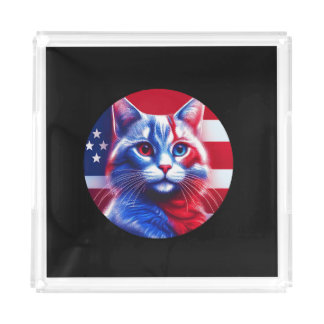 Red White & Blue Cat With American Flag Background Acrylic Tray