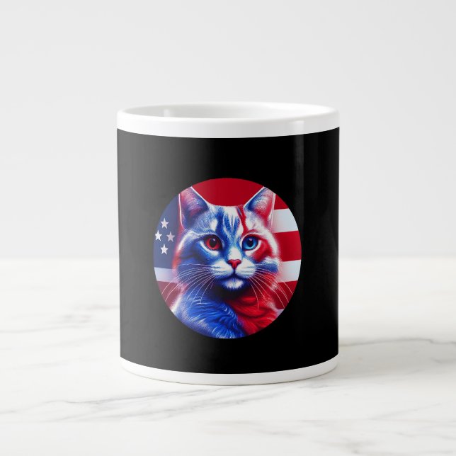 Red White & Blue Cat With American Flag Background Giant Coffee Mug (Front)