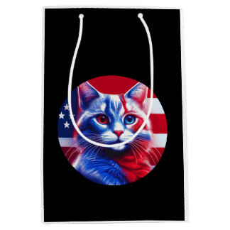 Red White & Blue Cat With American Flag Background Medium Gift Bag
