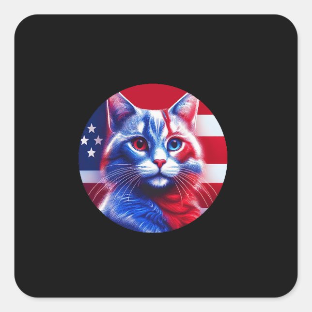 Red White & Blue Cat With American Flag Background Square Sticker (Front)