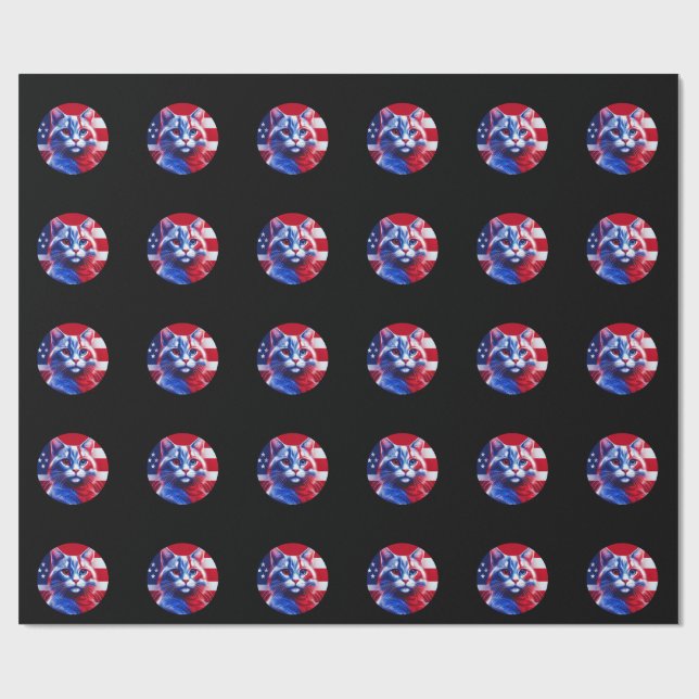 Red White & Blue Cat With American Flag Background Wrapping Paper (Flat)