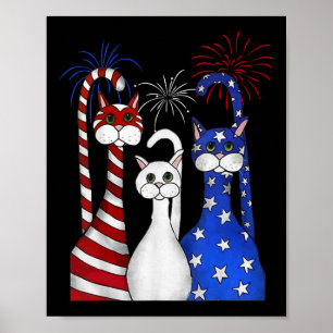 Red White Blue Cats Usa Flag Firework 4th Of July Poster