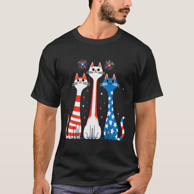Red White Blue Cats Usa Flag Firework 4th Of July  T-Shirt (Front)