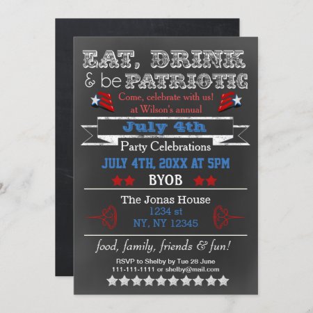 Red White Blue Chalkboard July 4th Party Invites